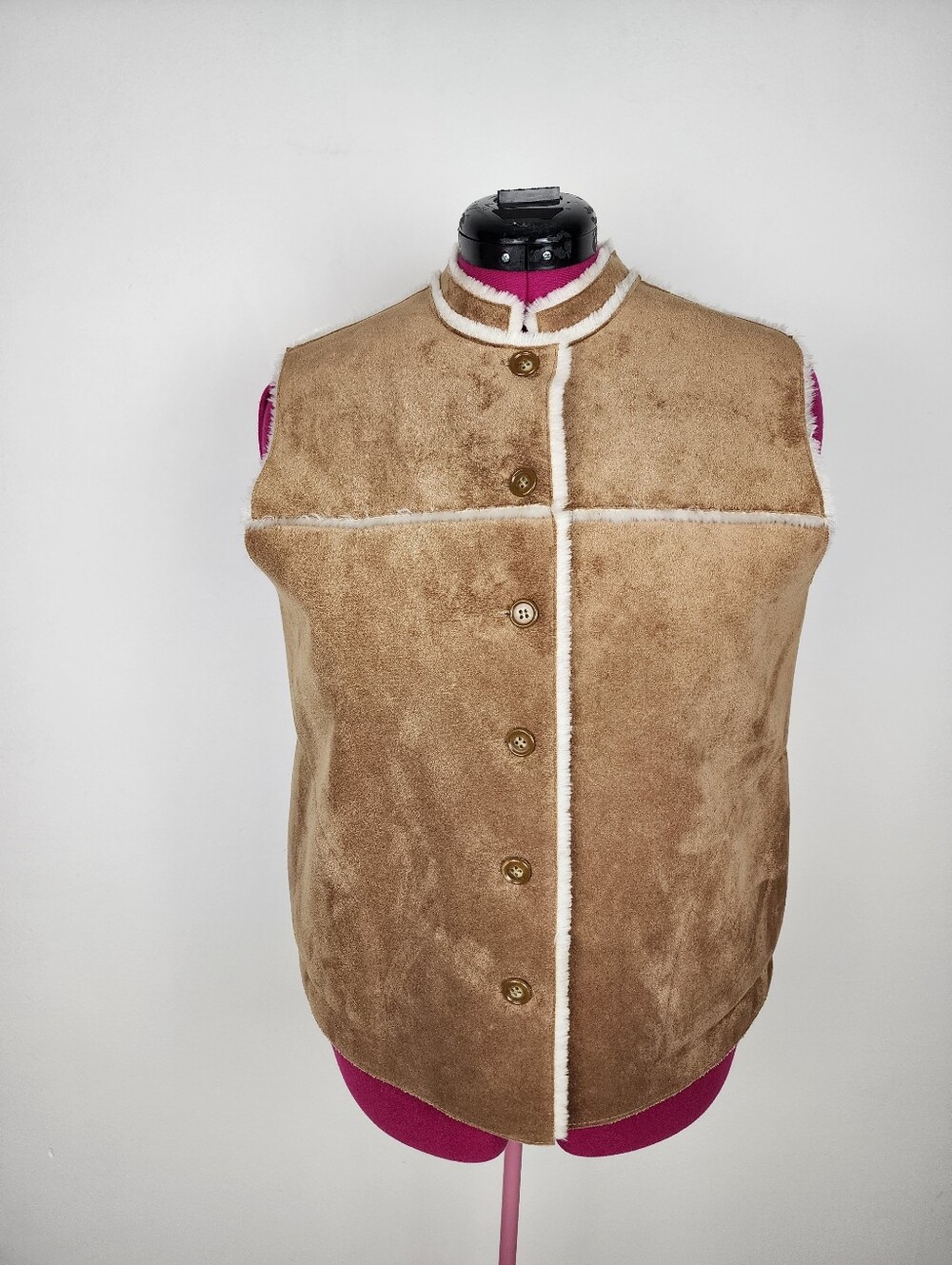 Valerie Stevens Light Brown Faux Suede Cream Faux Shearling Vest Size L Petite - Picture 11 of 11